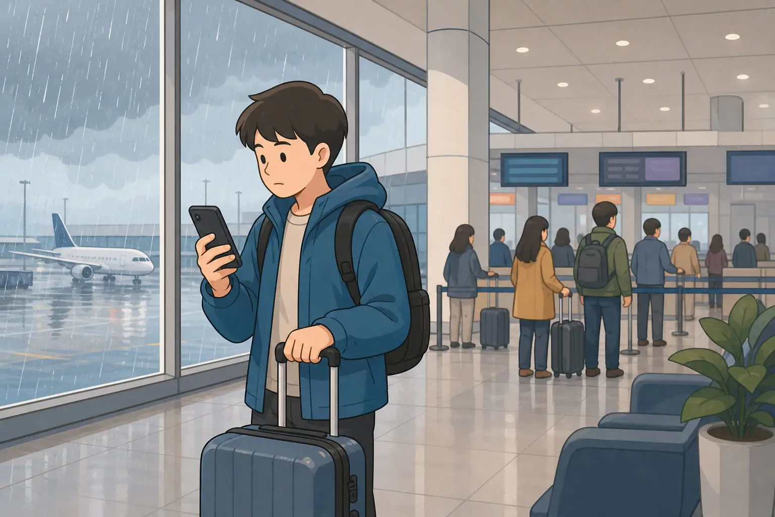 大陸颱風航班取消時旅客在機場查詢航班狀態示意圖