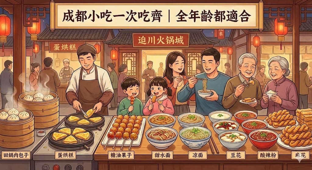 成都小吃集中陳列,建設路等小吃商圈適合一次比較多種街頭風味