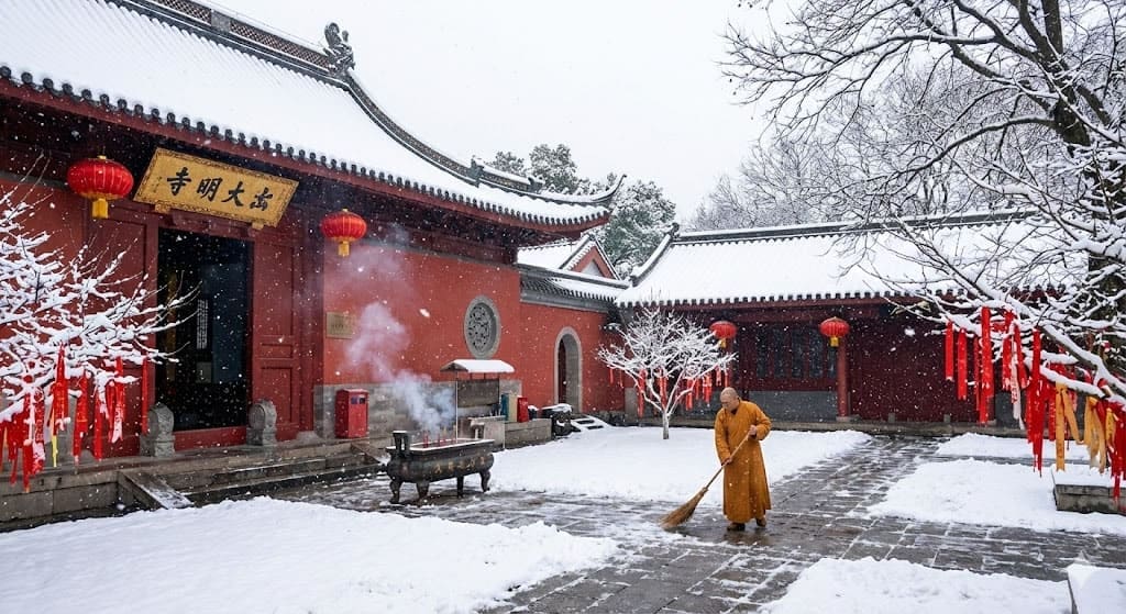 南京雞鳴寺紅牆白雪冬日景色