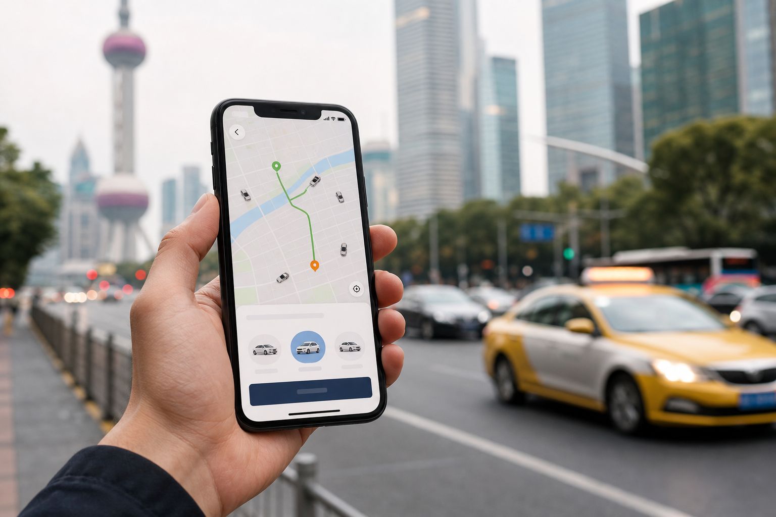 旅客用手機開啟滴滴 App 叫車