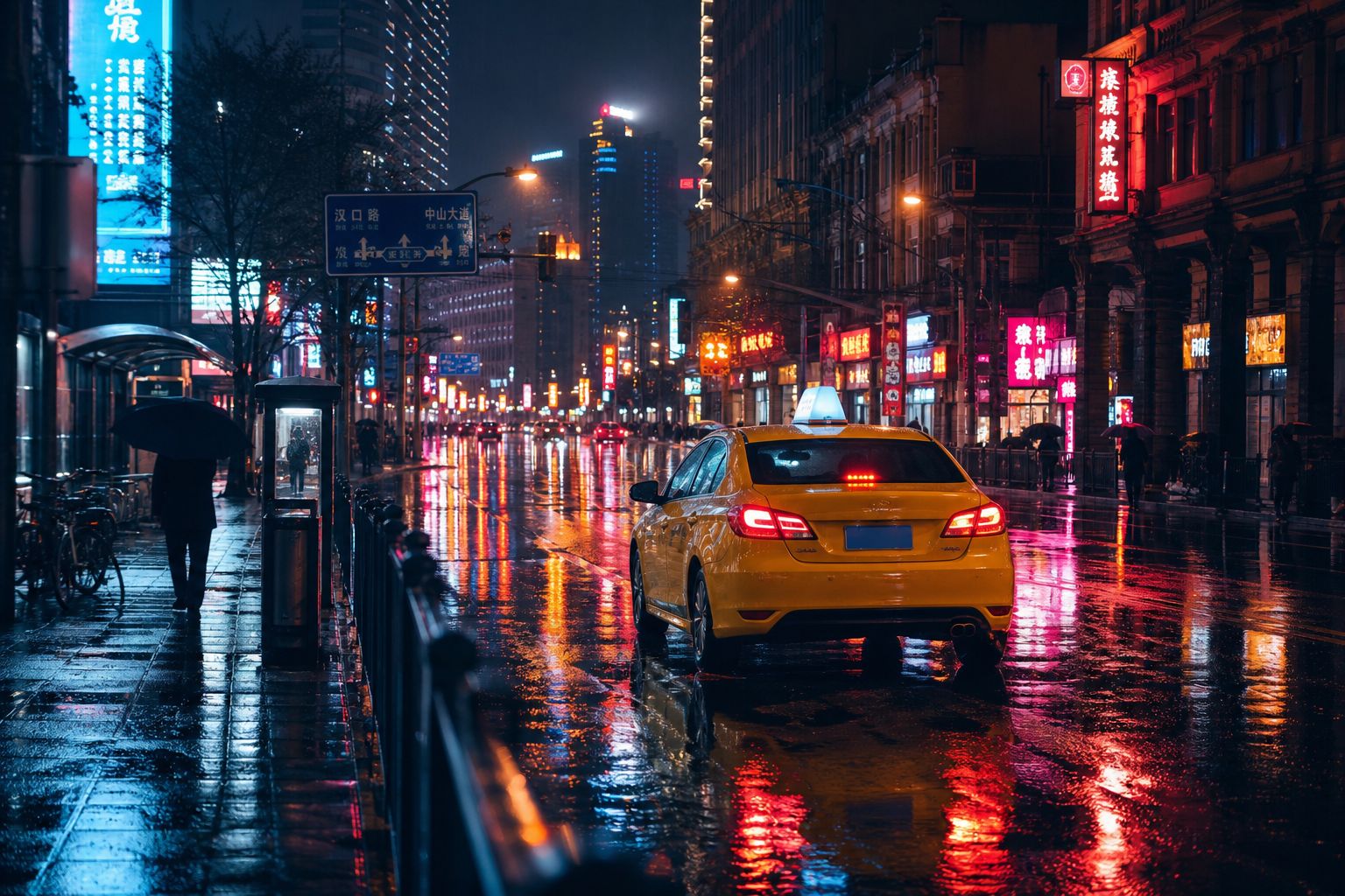 夜間行駛於市區道路的計程車