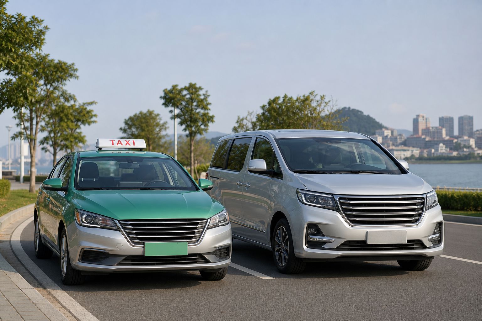 轎車與七座車停在飯店門口並排比較行李空間