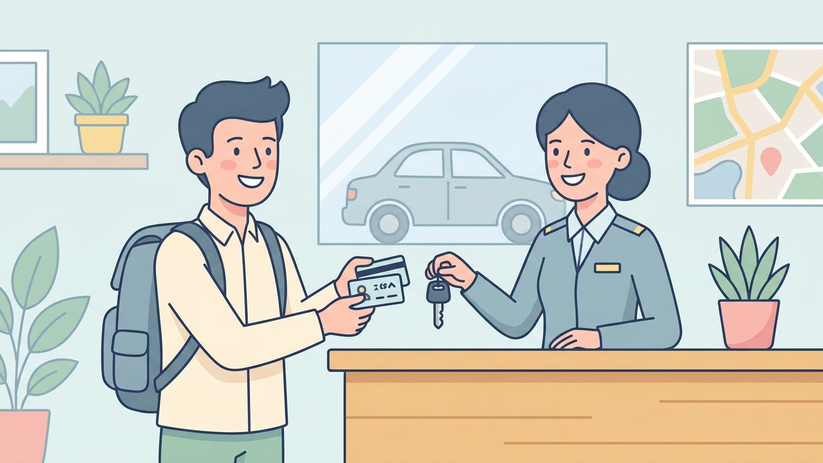 台灣旅客在中國租車櫃台出示臨時駕照與台胞證示意圖
