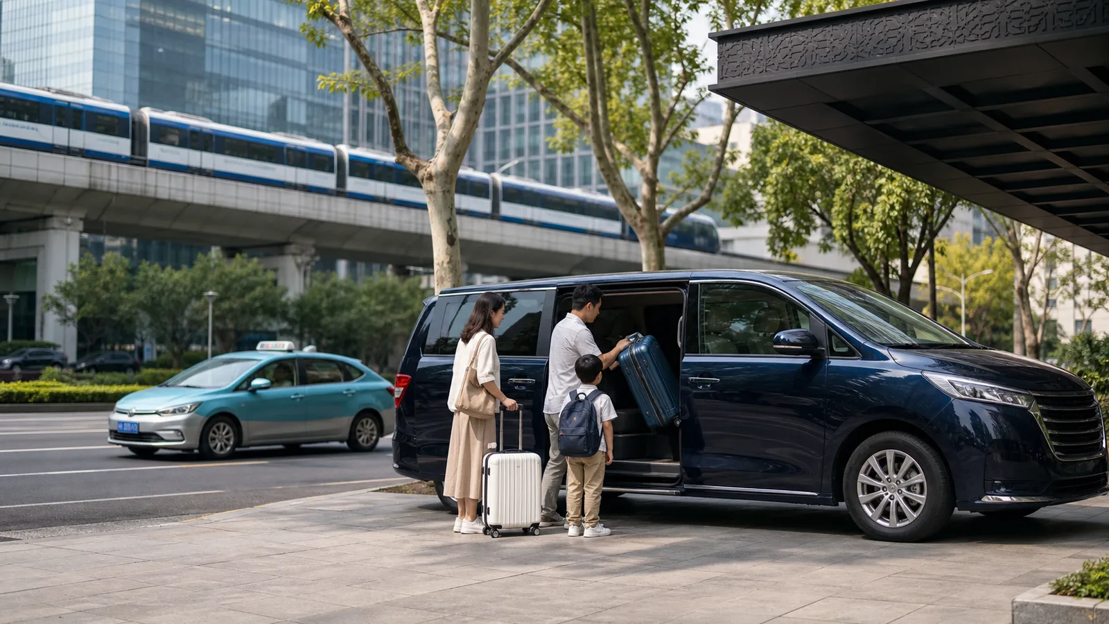大陸旅客在城市飯店搭乘包車,背景有計程車與地鐵的 AI 情境示意