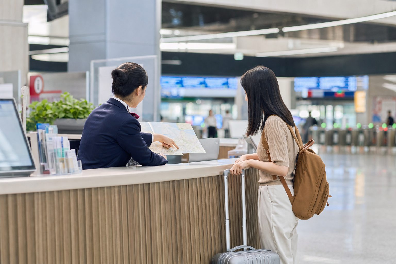 旅客在交通場站服務台詢問自由行資訊