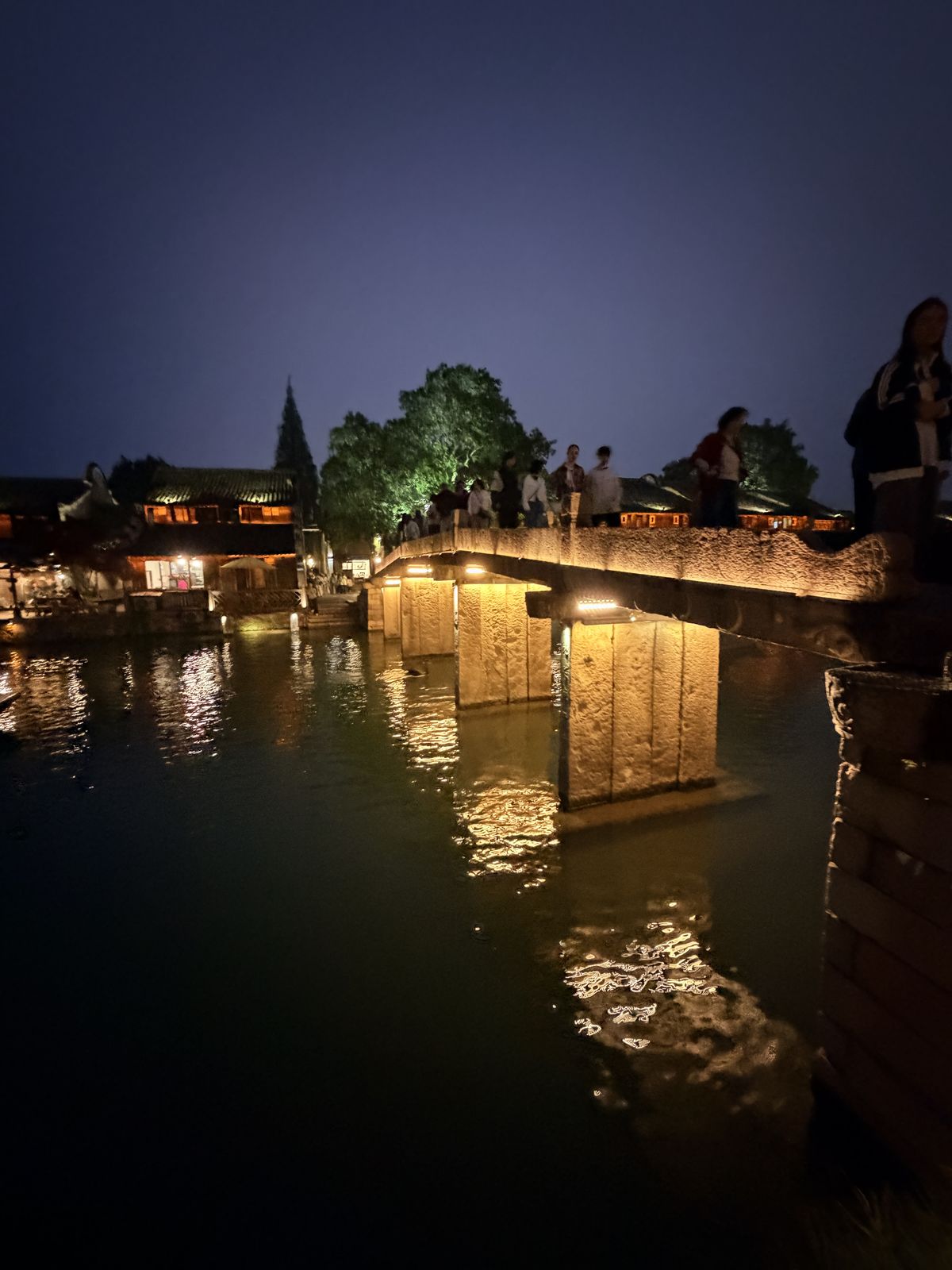 烏鎮西柵夜間石橋燈光與河面倒影