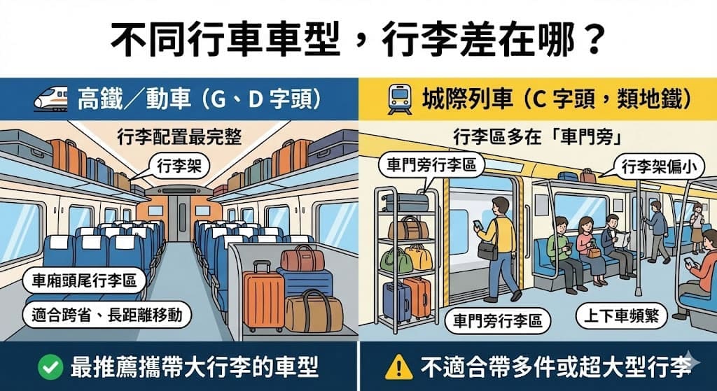 不同大陸火車車型行李架與行李放置區域
