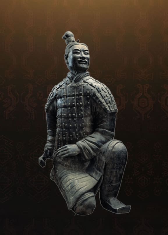 跪射俑特寫，是兵馬俑中唯一出土即完整的陶俑