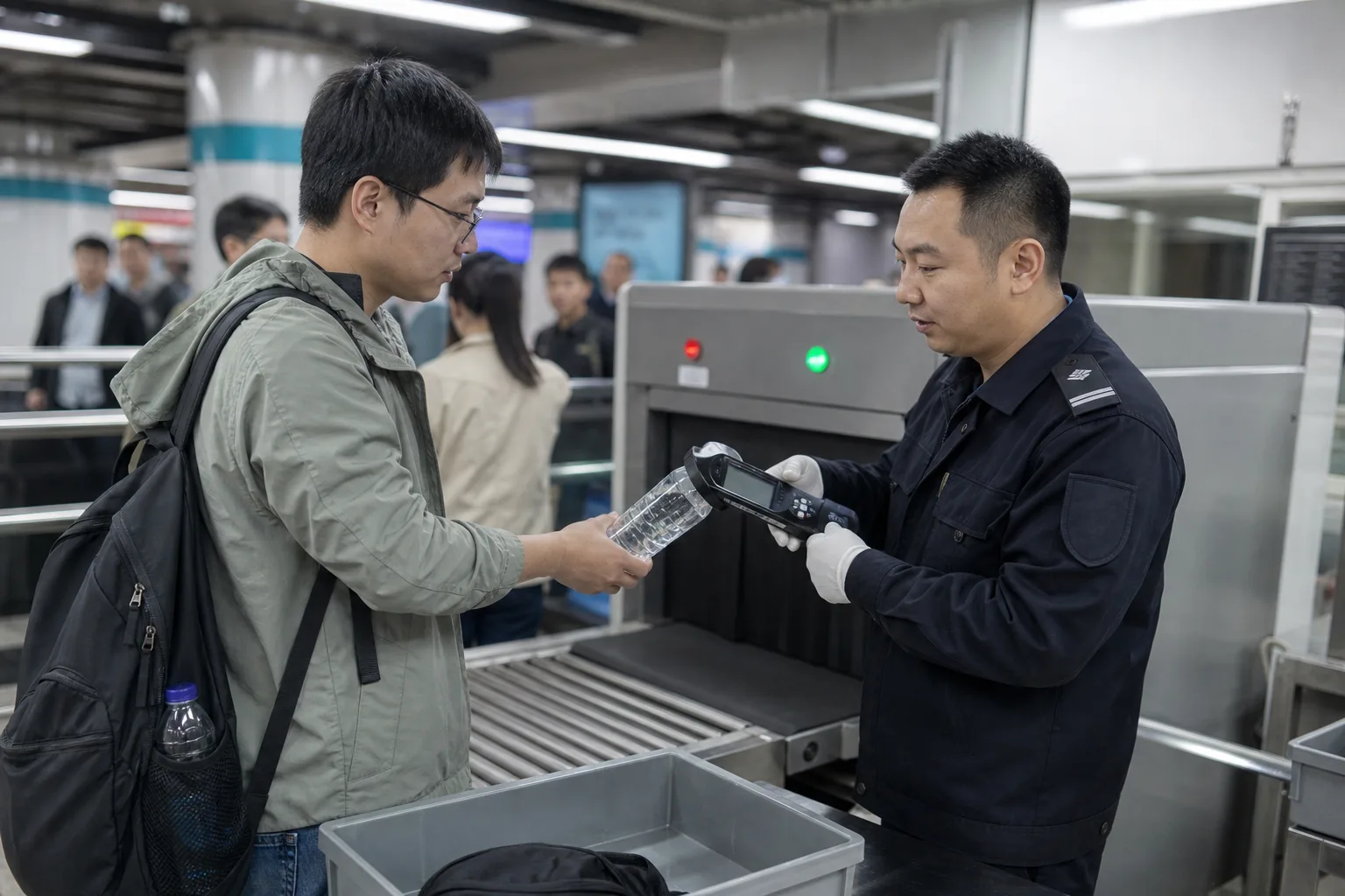 地鐵安檢人員檢查旅客瓶裝飲料情境示意圖