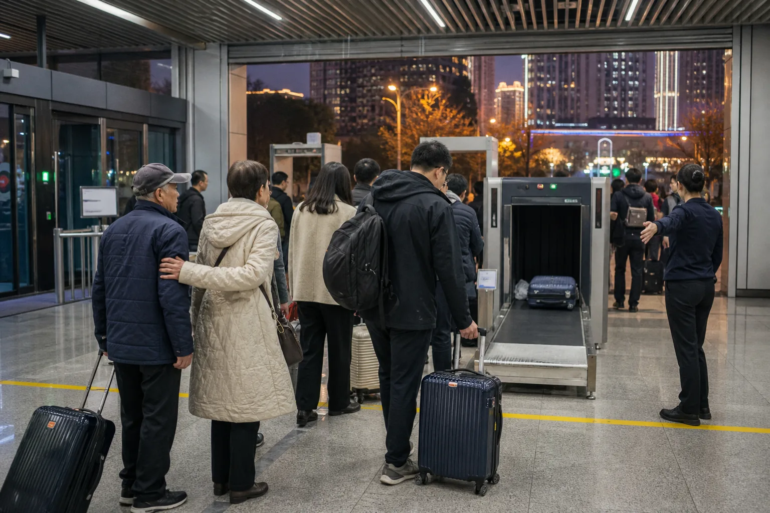 旅客攜帶行李箱通過大陸地鐵安檢情境示意圖