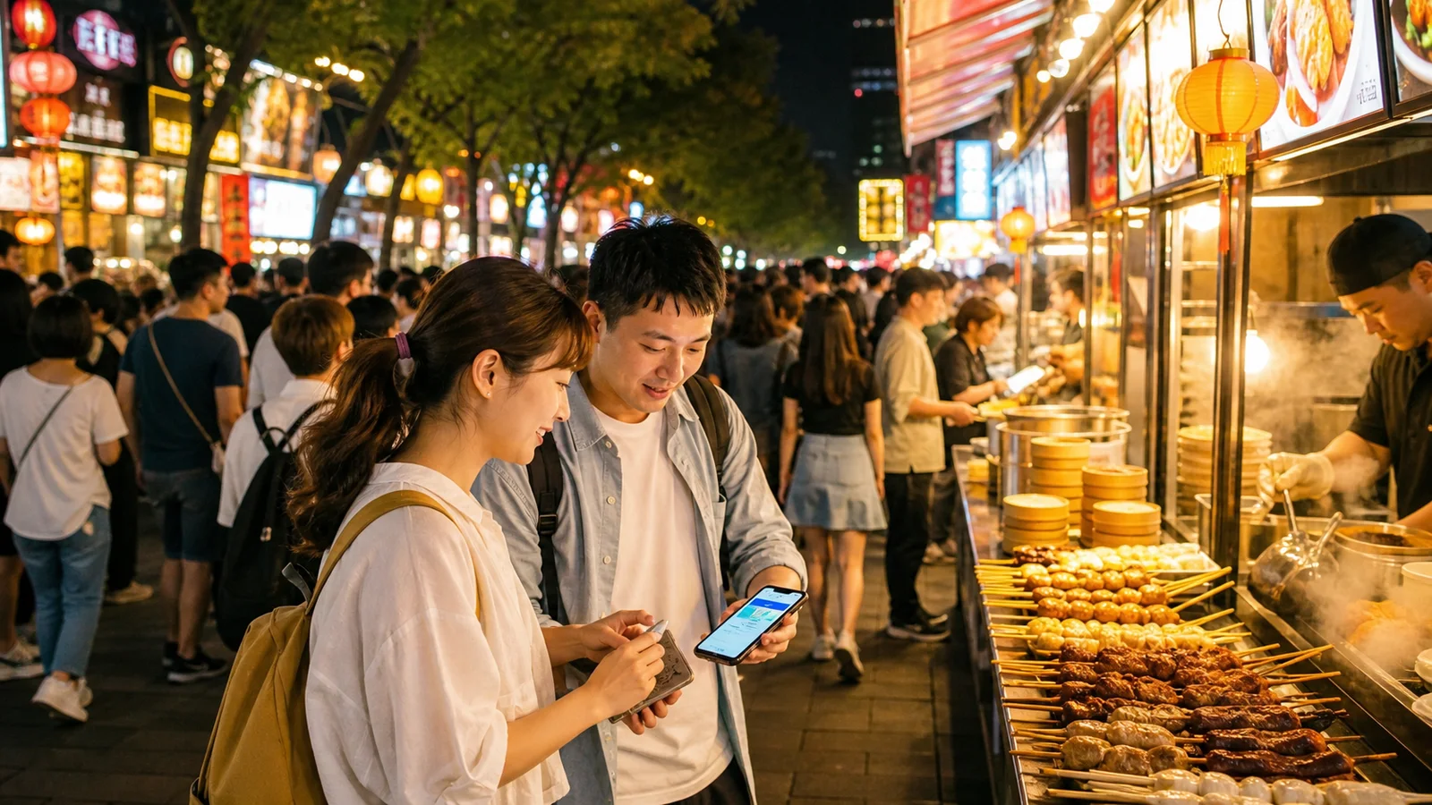 旅客在大陸夜市攤位前挑選小吃並使用手機付款的情境示意