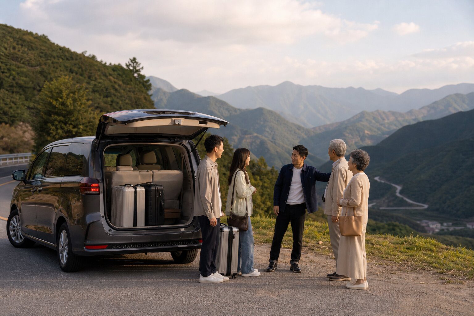 中文司機協助多代家庭整理行李並準備大陸包車旅遊的情境示意