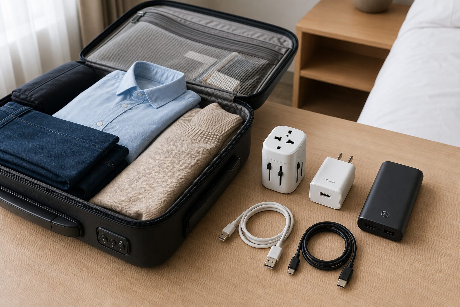 中國旅遊行李箱、轉接頭、充電器與行動電源