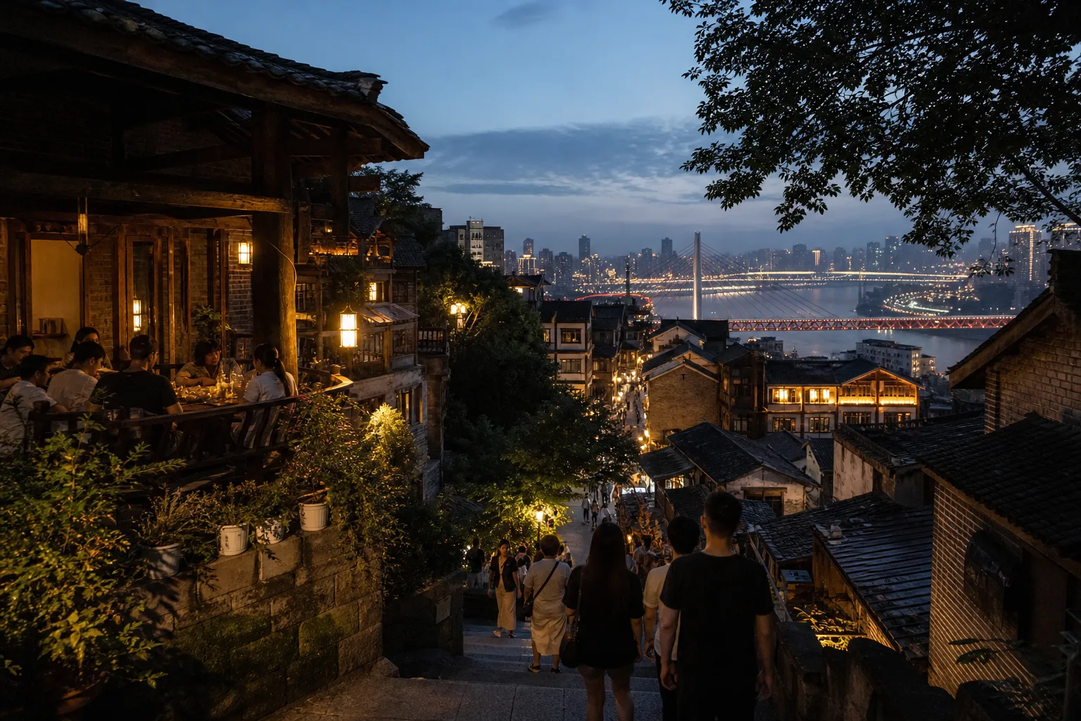 龍門浩下浩里老街夜景餐廳情境示意圖