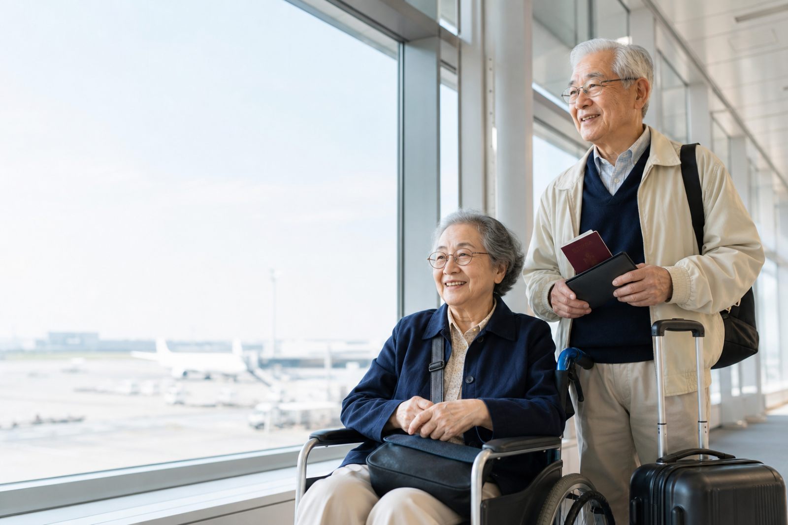 長輩搭機前在機場使用輪椅服務