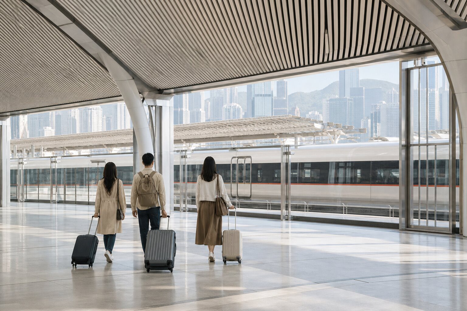 旅客拖著行李準備搭乘香港跨境高鐵進入大灣區的情境示意