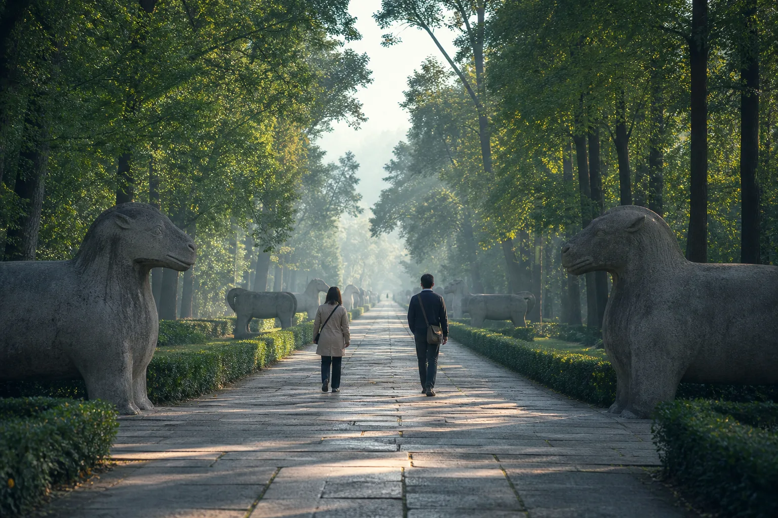 南京明孝陵神道石像路與旅客散步的情境示意圖