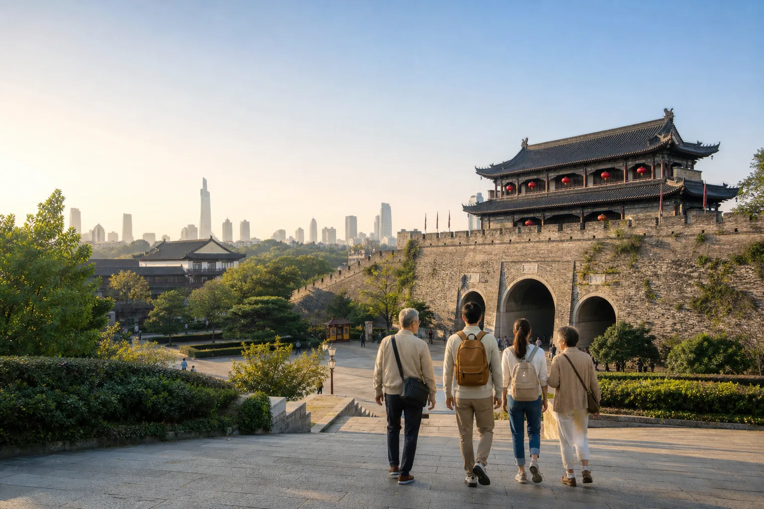 南京自由行旅客走訪明城牆與城市景觀的情境示意圖