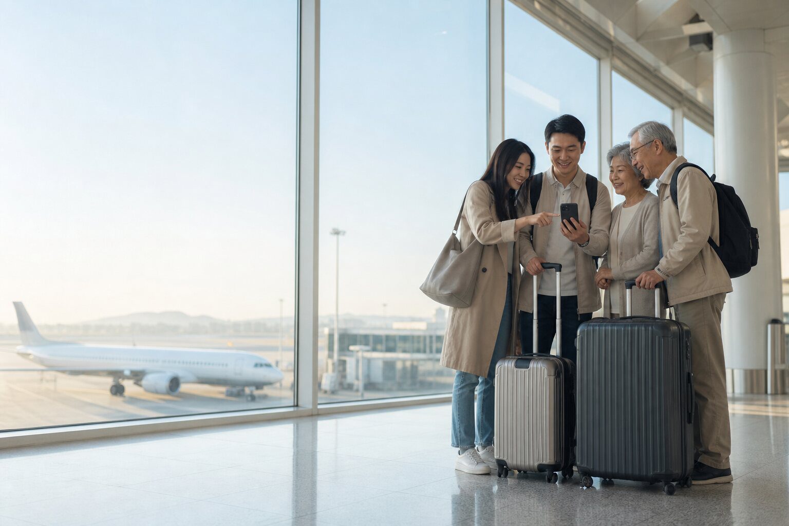 台灣多代家庭在機場查看手機並準備前往大陸旅遊的情境示意