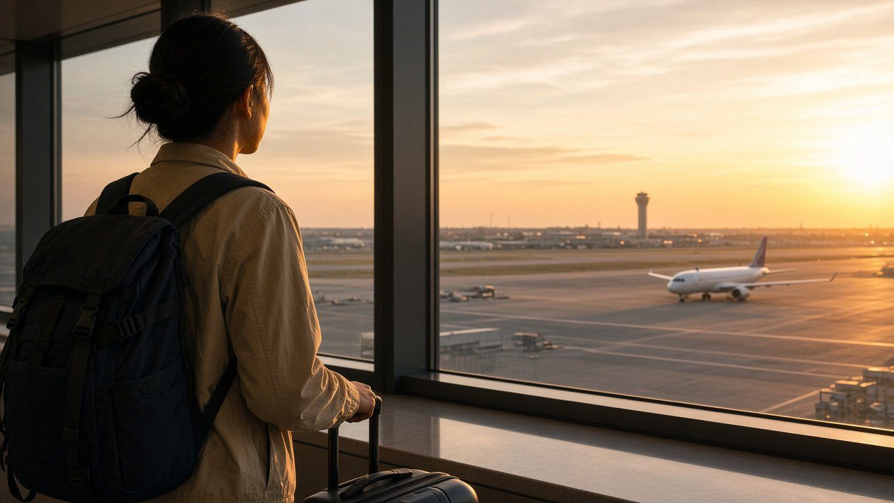 旅客在機場窗邊看著飛機,比較台灣去中國最便宜方式的情境示意