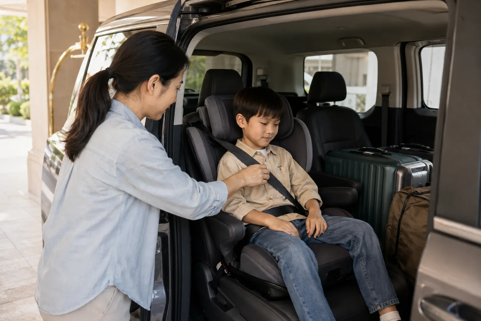 家長在七人座車內替兒童確認安全座椅與安全帶的情境示意