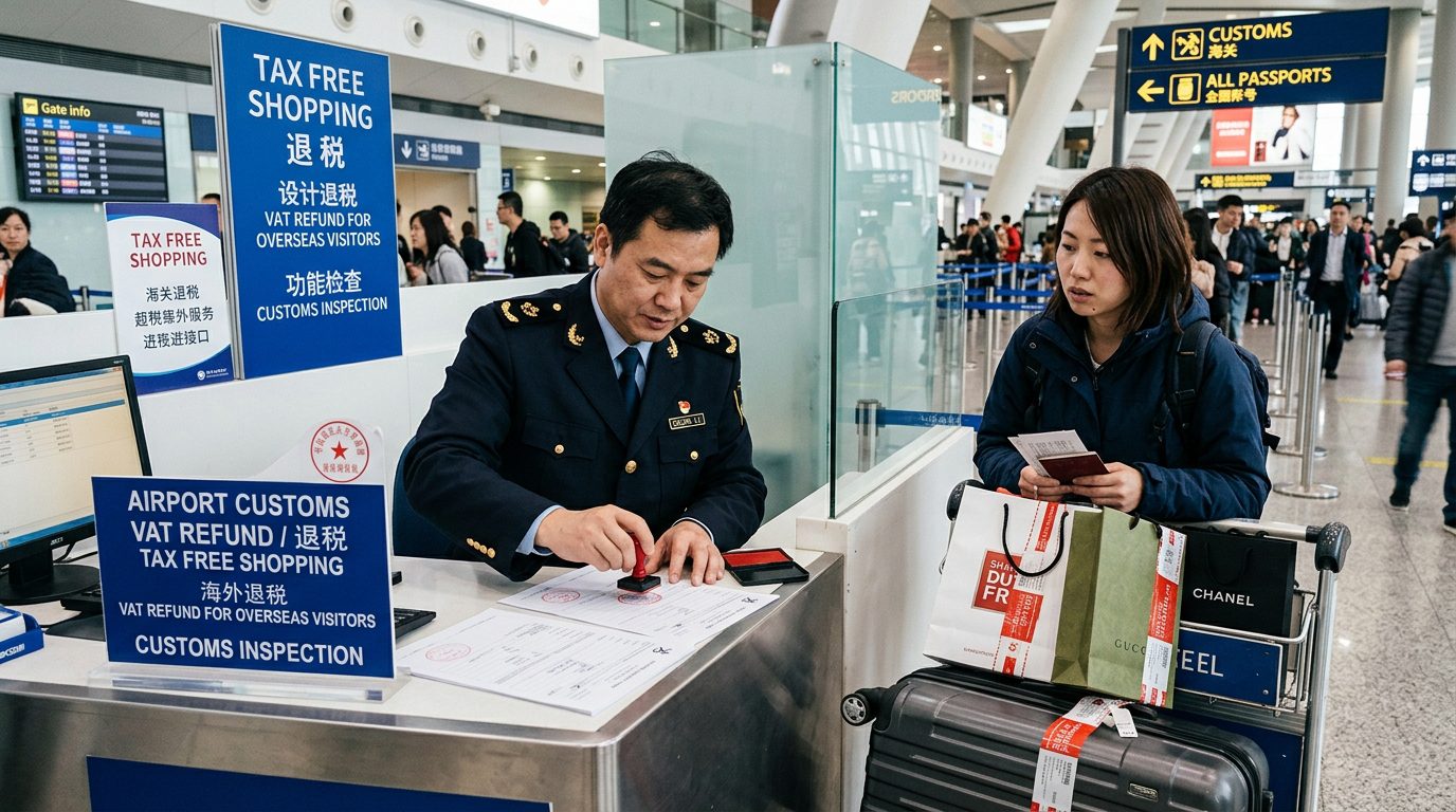 海關關員在機場國際出發大廳離境退稅驗貨櫃檯核驗商品並加蓋驗訖章