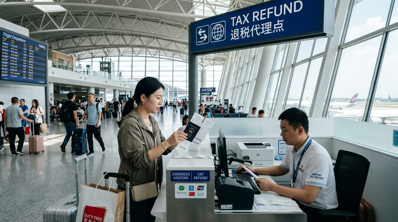 旅客在大陸國際機場出發大廳離境退稅代理點出示單據辦理退稅