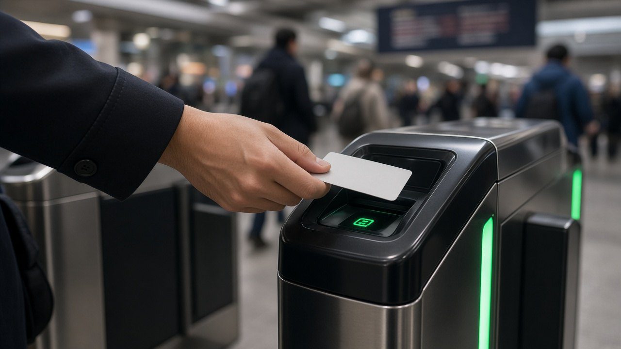 旅客在大陸高鐵站閘機刷台胞證進站、不用領紙本車票的情境示意