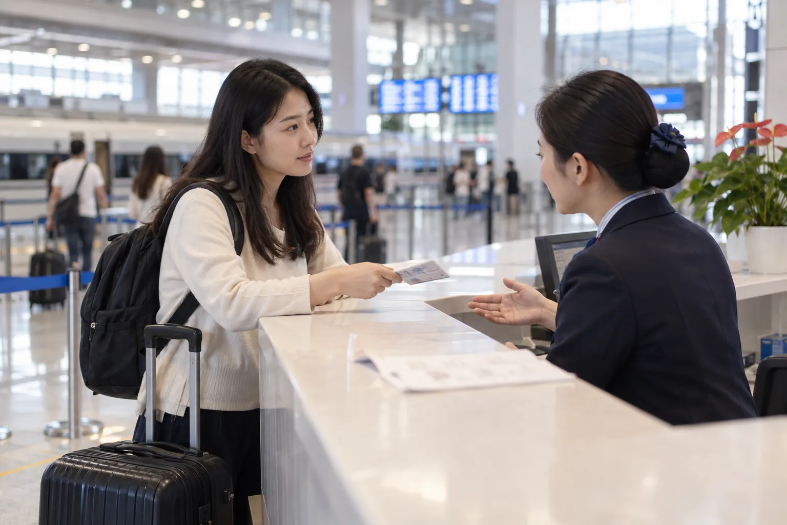 旅客攜帶行李在大陸高鐵站服務窗口詢問停運與聯程票處理的情境示意