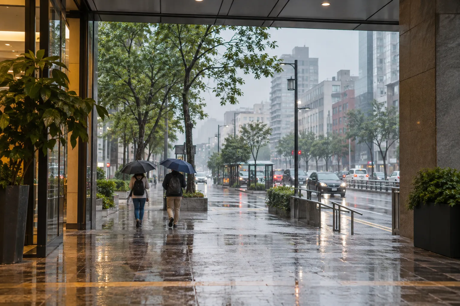 城市街道上旅客撐傘行走的雨天情境示意
