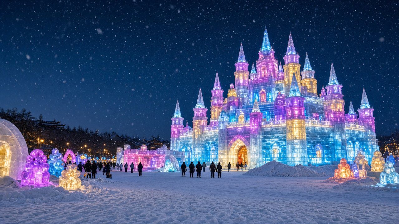 東北冰雪園區夜景:彩燈冰城堡與積雪廣場