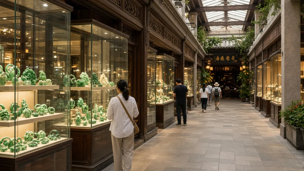 玉石翡翠店林立的商場走廊，盡頭是團體餐廳的情境示意