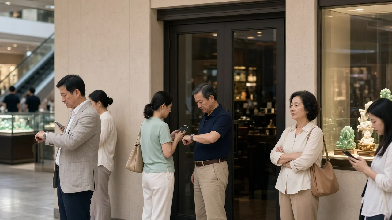 旅客在玉石店旁的商場餐廳門口等候開飯的情境示意