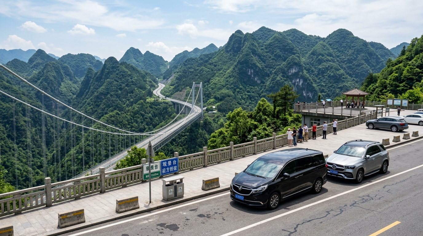 大陸包車商務車與自駕車輛行駛於景觀公路觀景台情境示意