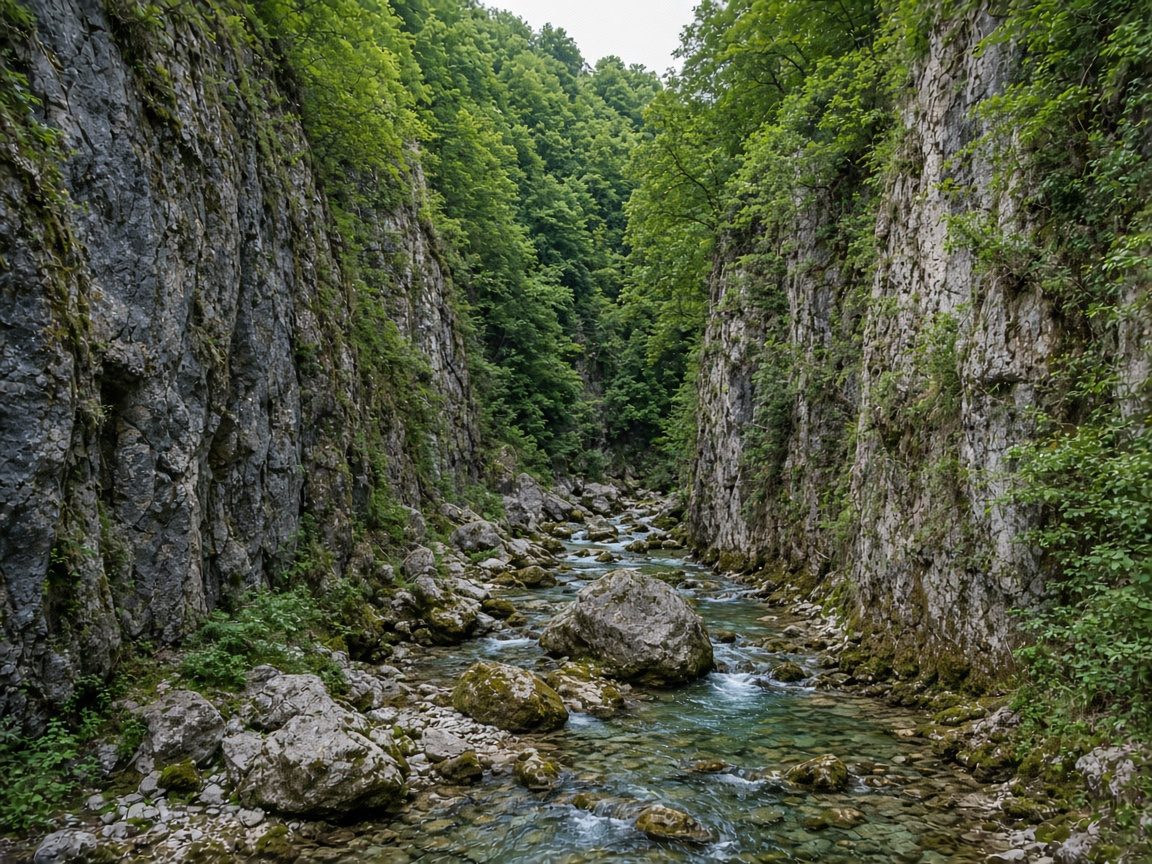 兩側石灰岩峭壁夾著清澈溪流的武陵山峽谷，情境示意