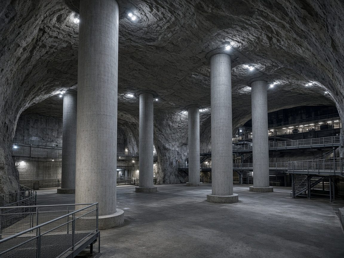 巨大岩洞內的混凝土圓柱與步道，涪陵地下工程情境示意