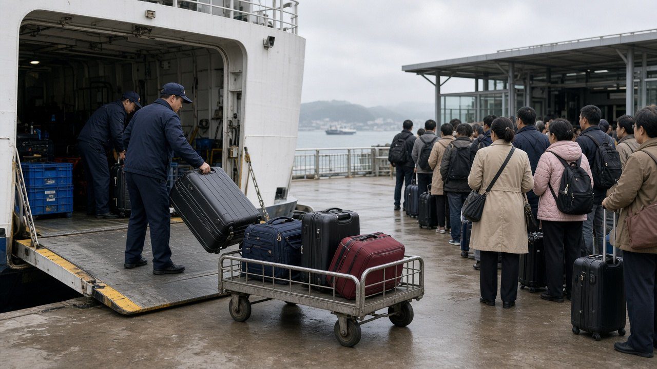 工作人員將行李從客船搬上推車,旅客在黃岐碼頭排隊等候領取行李的情境示意