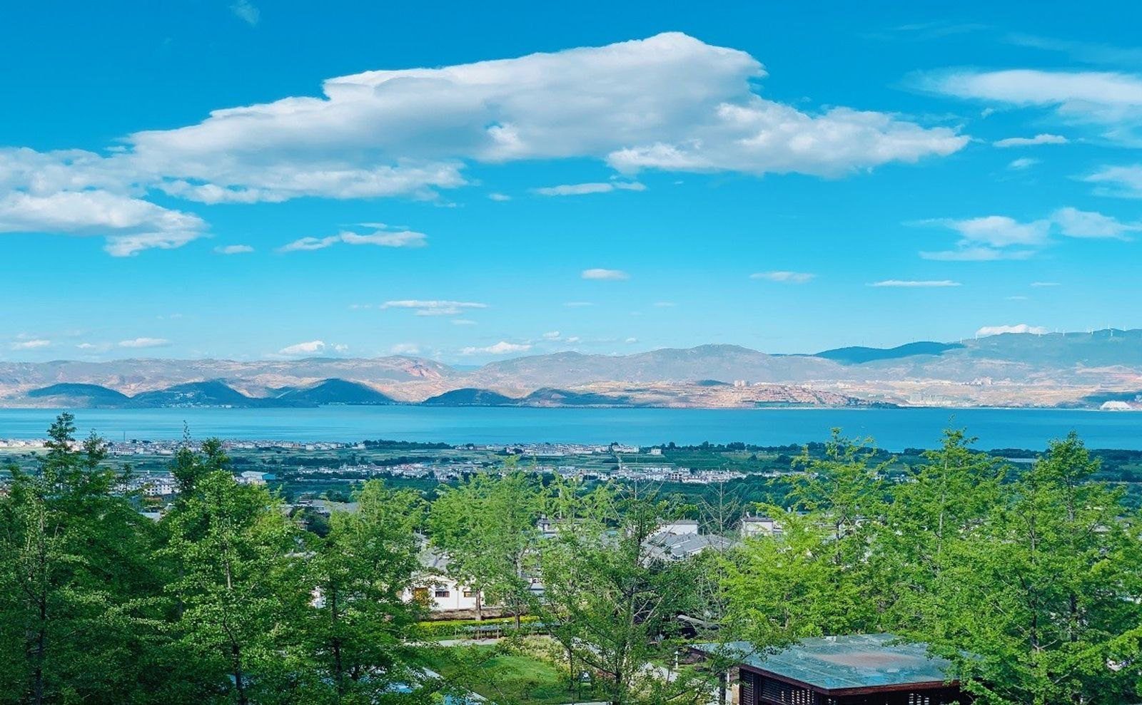 從大理實力希爾頓酒店館區往下看,前景是綠樹與白牆屋頂,中間是田野與村落,遠方是藍色的洱海與對岸山巒