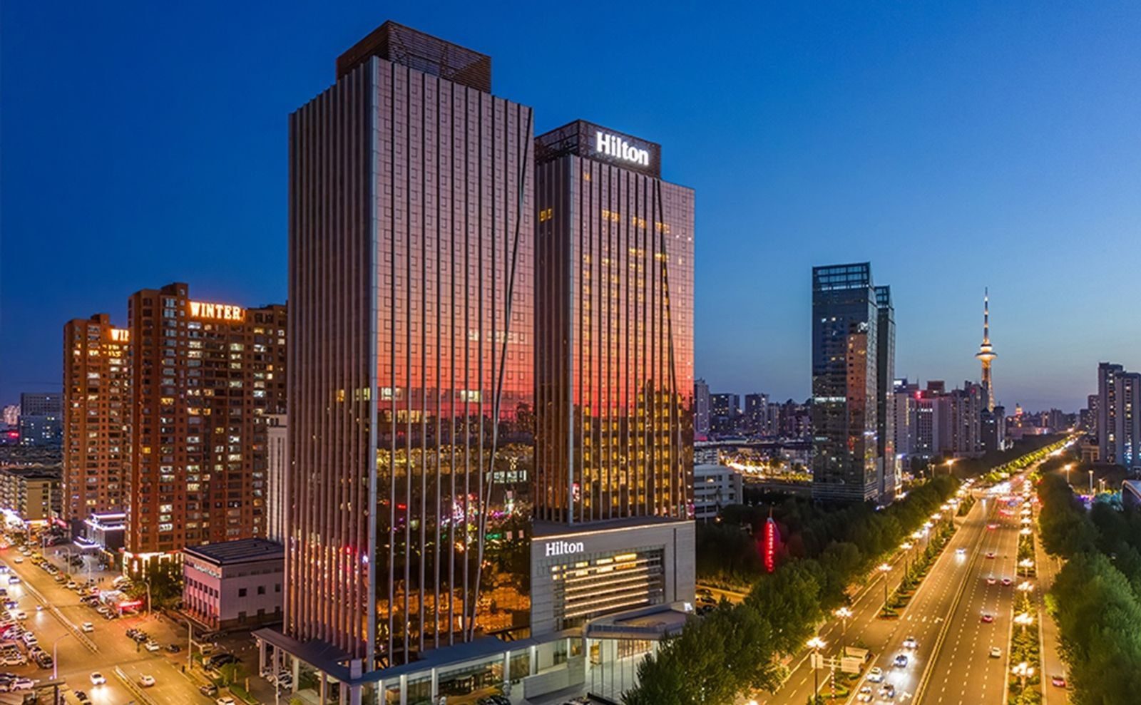 夜色中兩棟玻璃高樓，其中一棟頂部與裙樓都亮著 Hilton 字樣，旁邊是林蔭大道