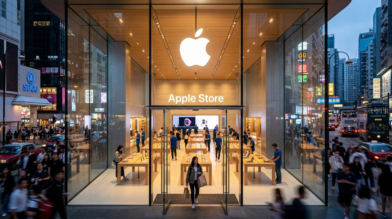 香港銅鑼灣鬧區熱門 Apple Store 旗艦店門市人潮情境示意