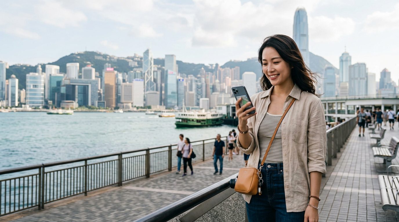 旅客於香港維多利亞港海濱手持智慧型手機查詢行程情境示意