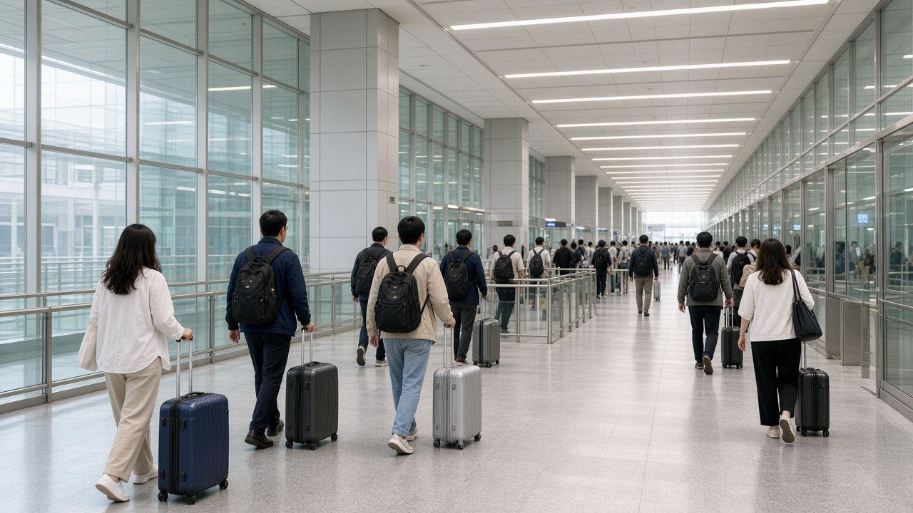 旅客拖著行李走在香港轉深圳陸路口岸通道的情境示意