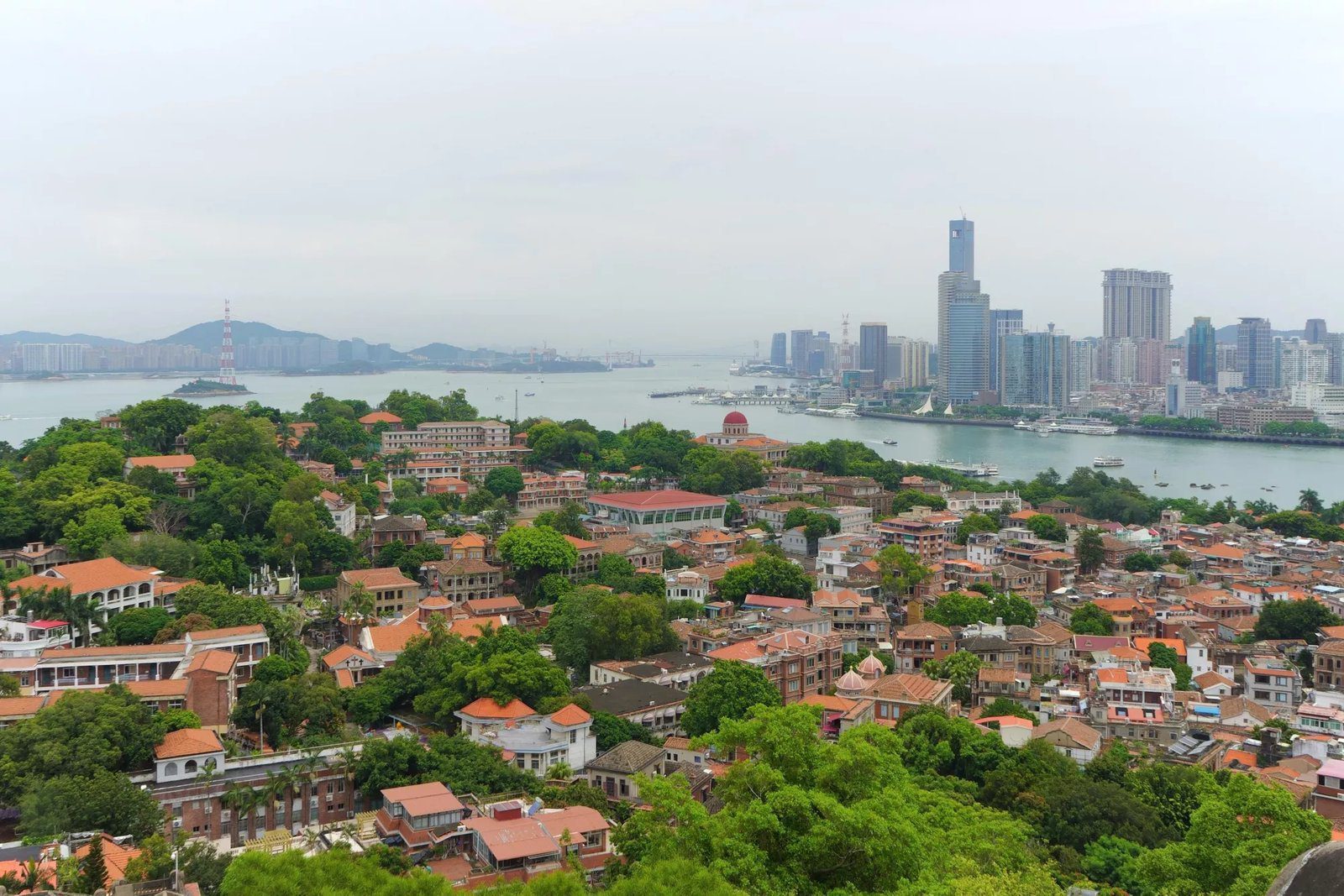廈門周邊景點：從高處俯瞰鼓浪嶼上成片的紅瓦老洋樓與綠樹，海峽對岸是廈門的高樓天際線與停靠船隻的碼頭