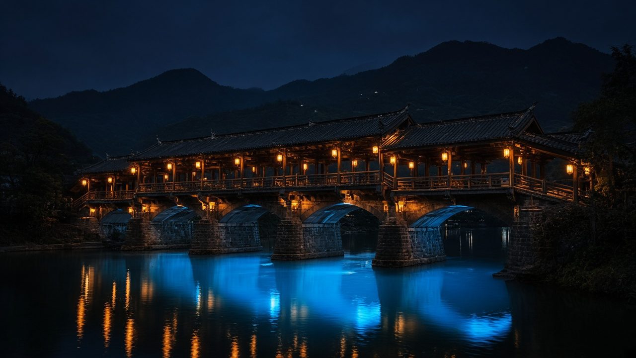 廊橋夜燈與橋下藍色河面,都江堰南橋情境示意