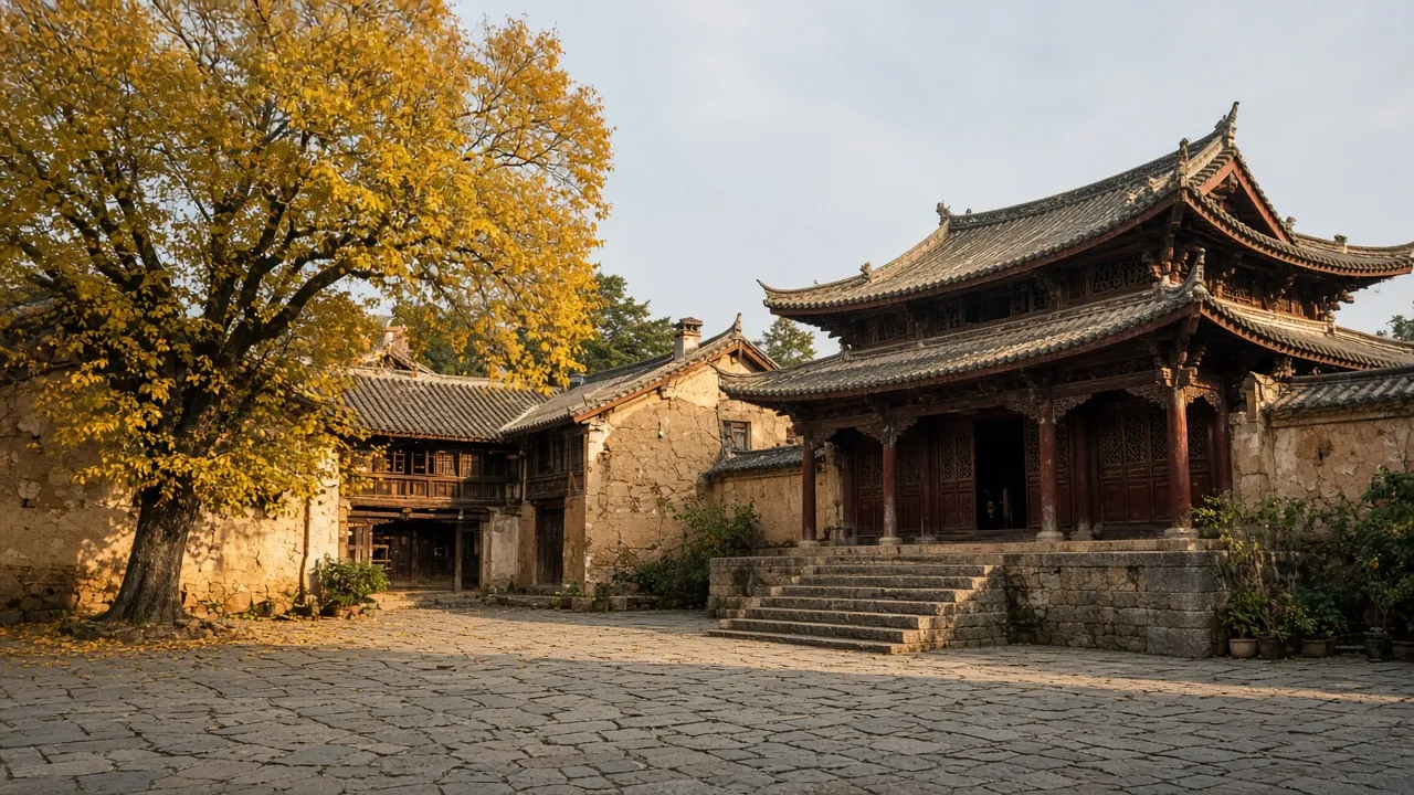 沙溪古鎮石板廣場與木構古建築的秋日情境示意
