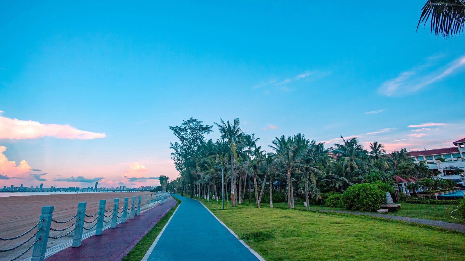 周邊的濱海步道,左側是沙灘與鐵鍊欄杆,右側是草坪與椰林,遠方海岸線上是城市高樓