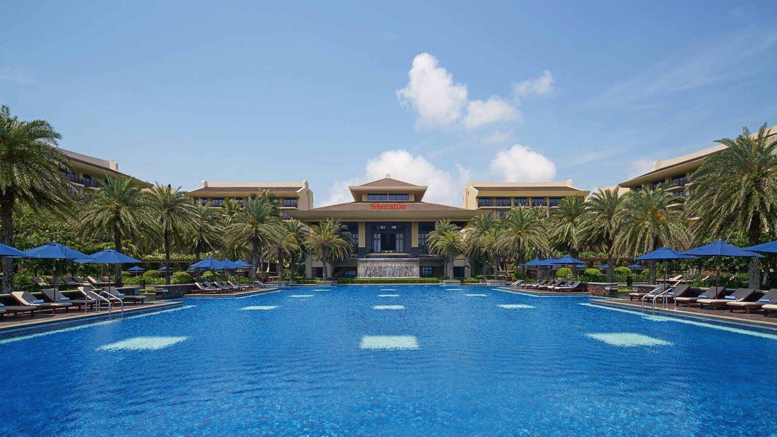 寬闊的藍色泳池兩側擺滿藍色陽傘與躺椅，後方是掛著 Sheraton 字樣的主樓與椰林