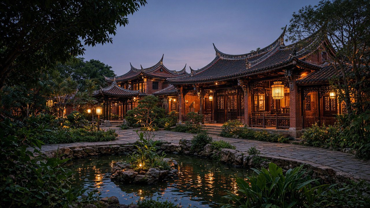 廈門老院子閩南紅磚燕尾脊宅第與庭園夜燈情境示意