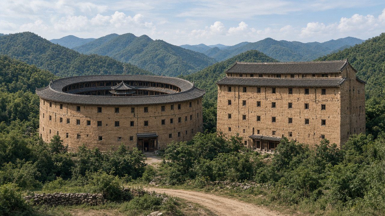 南靖圓土樓與方土樓並置山間情境示意