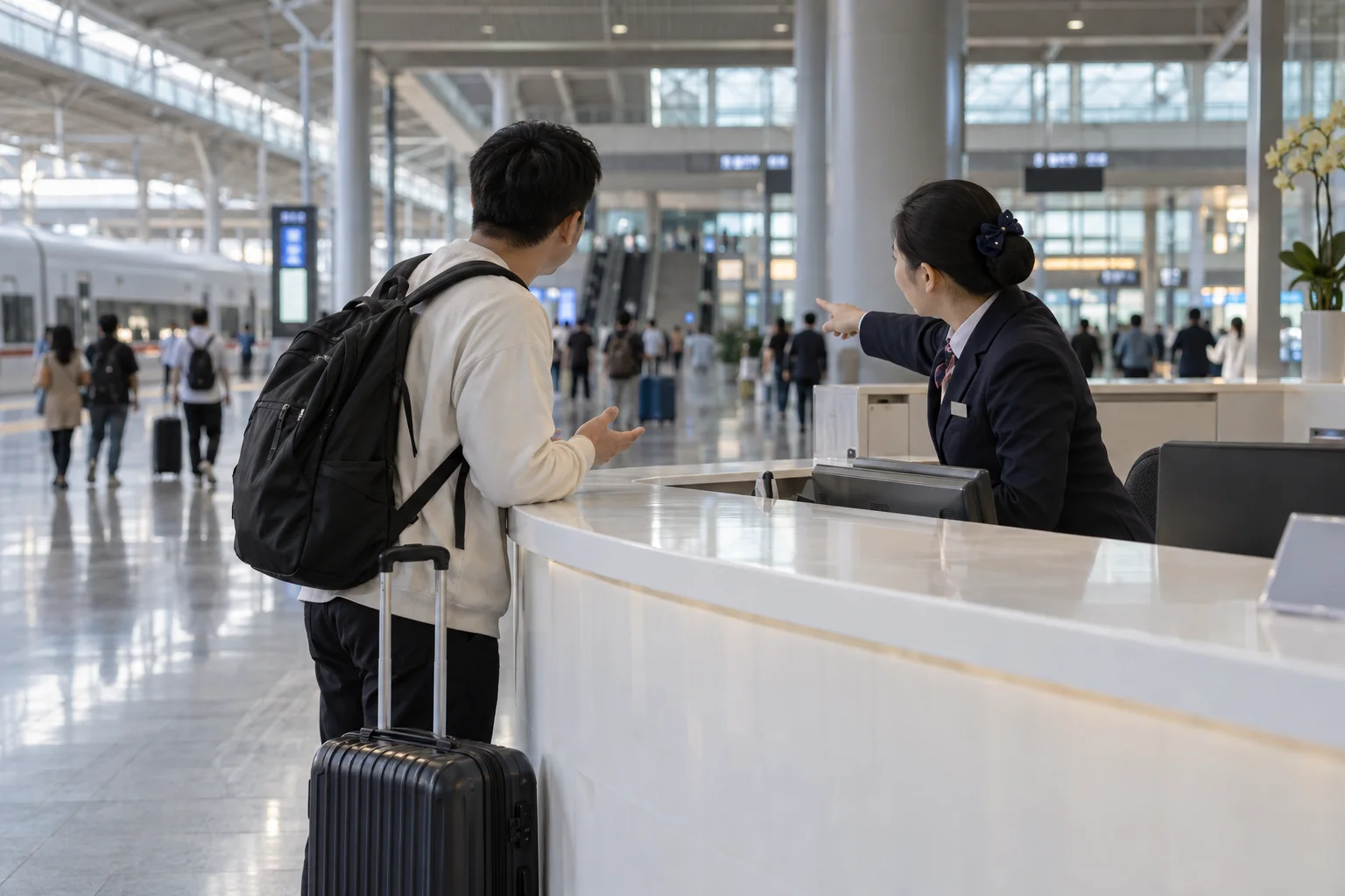 旅客在高鐵車站服務台向工作人員說明下錯站的情境示意